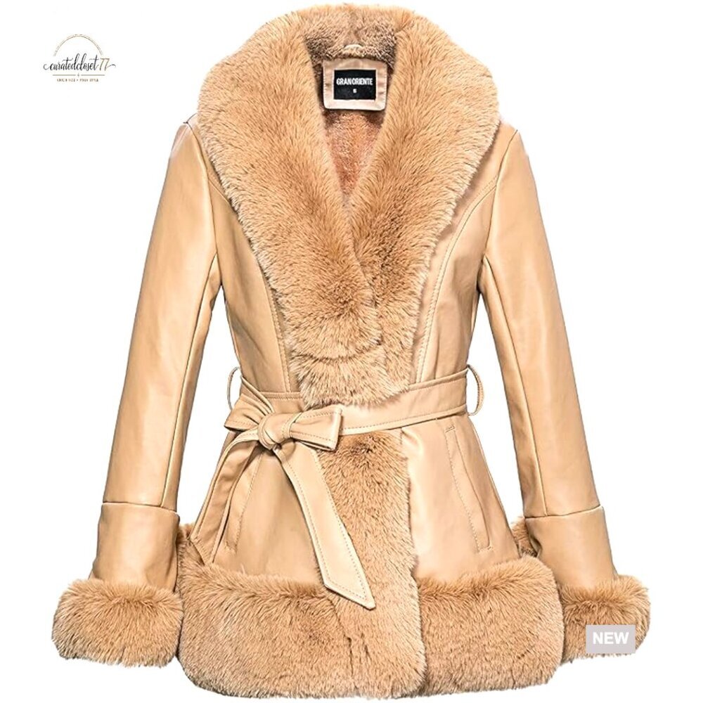 Faux Leather Peplum Parka with Faux Fur Collar, Belted Winter Coat